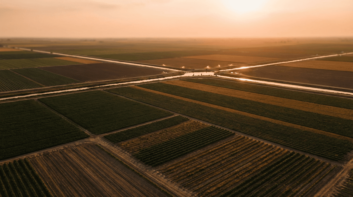 Aerial view of organized crop field at sunset with irrigation channels reflecting golden light and gentle camera movement forward