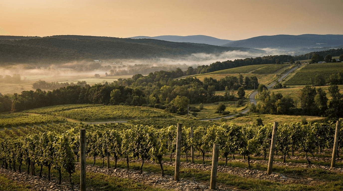 Golden-hour aerial view of rolling vineyard hills in Finger Lakes region with misty valley and distant mountains.